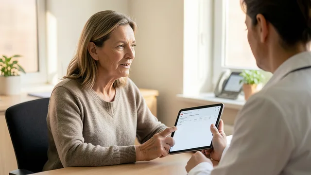 Imagem gerada por IA: Mulher conversa com profissional de saúde em consultório enquanto consulta um prontuário eletrônico.