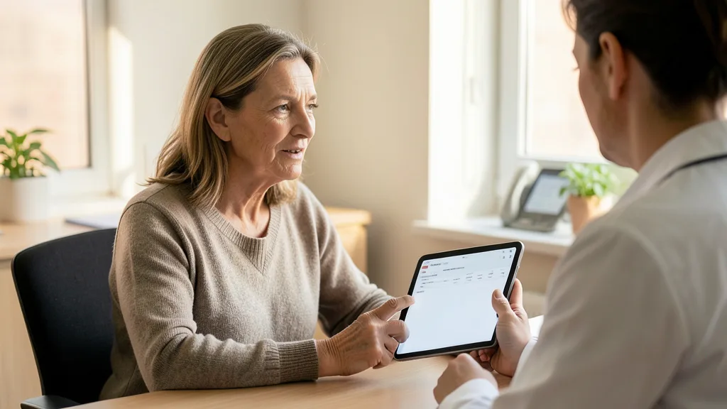 Imagem gerada por IA: Mulher conversa com profissional de saúde em consultório enquanto consulta um prontuário eletrônico.