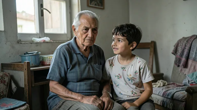 Imagem gerada por IA: Pessoa idosa em casa ao lado de um familiar, em uma cena que remete ao apoio social e à proteção da família.