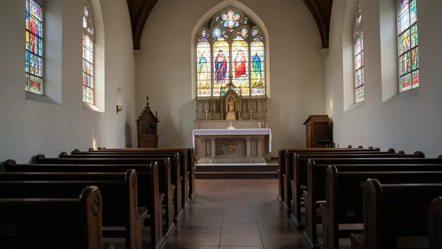 Imagem gerada por IA: Bancos vazios em uma igreja católica australiana, com o altar ao fundo.