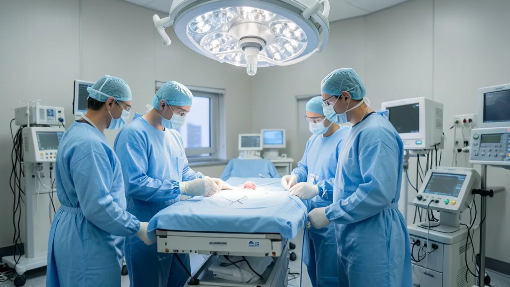 Imagem gerada por IA: Equipe médica prepara uma cirurgia de transplante de fígado em uma sala cirúrgica moderna.