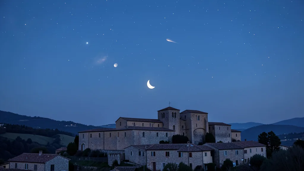 Imagem gerada por IA: Céu estrelado antes do amanhecer sobre um antigo mosteiro em Saint-Rémy-de-Provence.