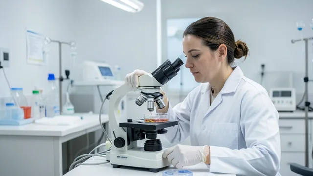 Imagem gerada por IA: Embriologista examina uma amostra em laboratório de reprodução assistida.