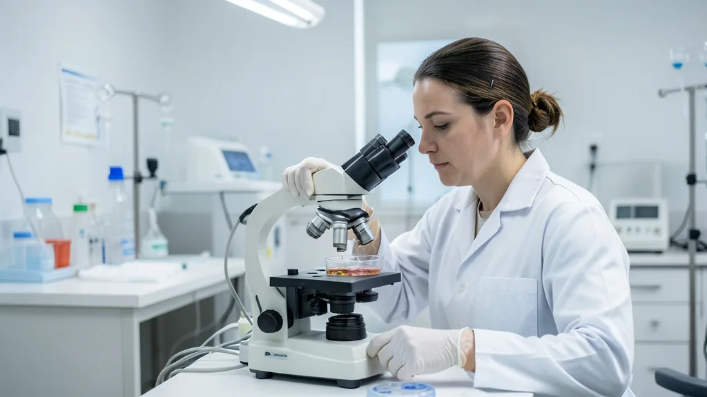 Imagem gerada por IA: Embriologista examina uma amostra em laboratório de reprodução assistida.