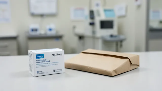 Imagem gerada por IA: Embalagem de medicamento ao lado de um pacote fechado sobre uma mesa clínica.