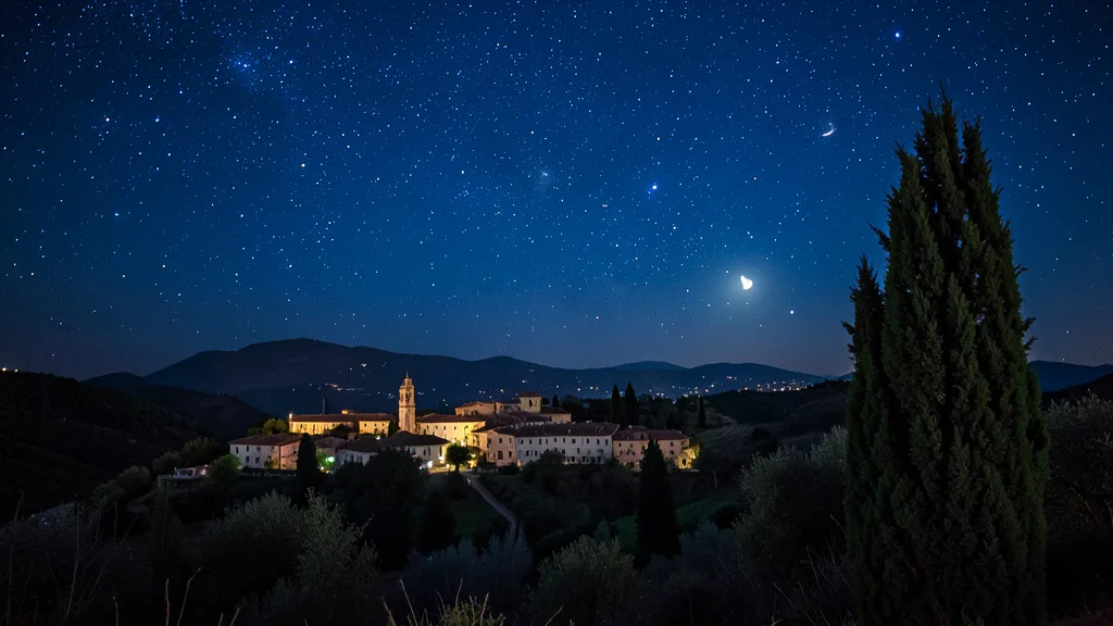 Imagem gerada por IA: Céu estrelado sobre uma vila em Saint-Rémy-de-Provence, com um cipreste em primeiro plano.