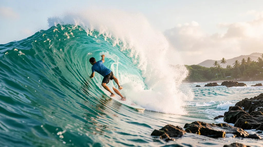 Imagem gerada por IA: Surfista percorre o interior de uma onda tubular em Cloud 9, nas Filipinas.