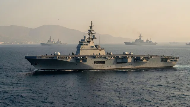 Imagem gerada por IA: Porta-aviões e navios militares navegam pelo Golfo Pérsico sob céu enevoado.