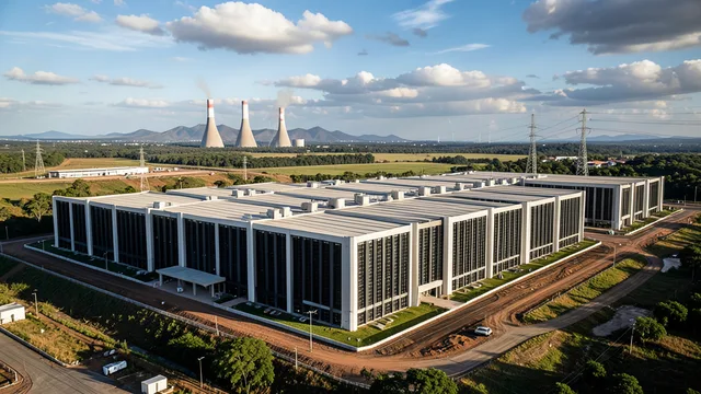 Imagem gerada por IA: Centro de processamento de dados em meio a uma paisagem com linhas de transmissão e uma usina hidrelétrica ao fundo.