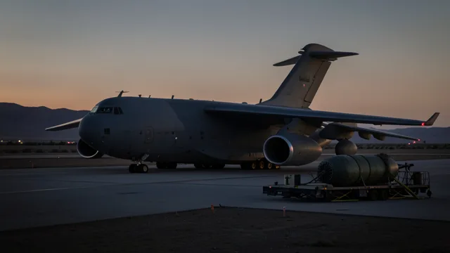 Imagem gerada por IA: Aeronave militar ao lado de uma grande bomba convencional em uma pista.
