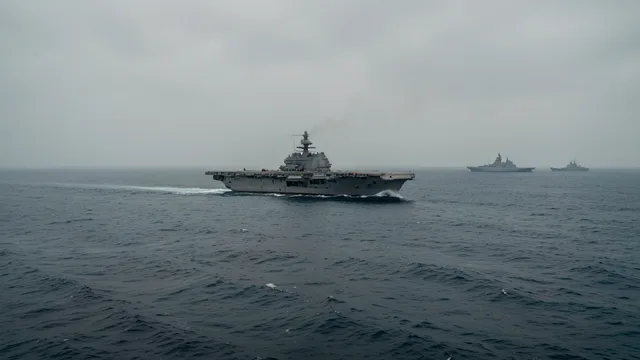 Imagem gerada por IA: Porta-aviões e outros navios militares navegando em mar aberto.