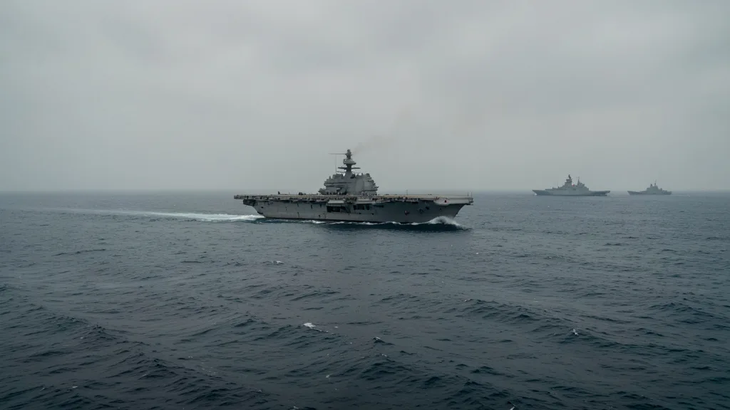 Imagem gerada por IA: Porta-aviões e outros navios militares navegando em mar aberto.