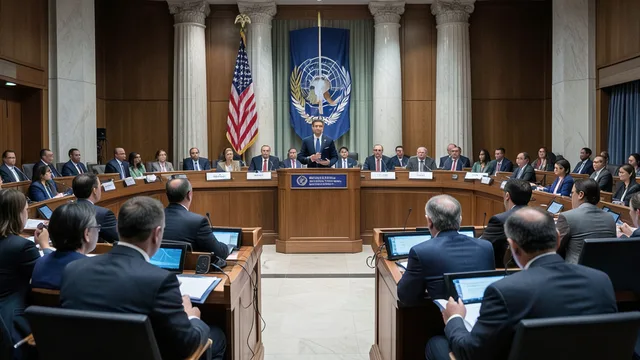 Imagem gerada por IA: Plenário da Assembleia Geral da ONU durante uma sessão diplomática, com delegados e um celular próximo à tribuna.