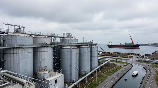 Tanques de armazenamento de combustível em um terminal portuário europeu.