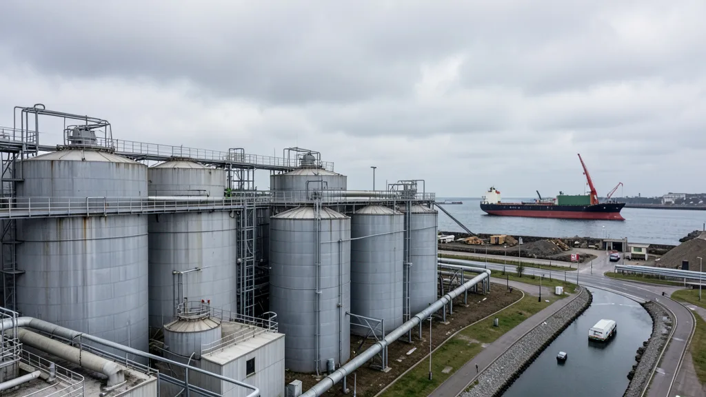 Tanques de armazenamento de combustível em um terminal portuário europeu.