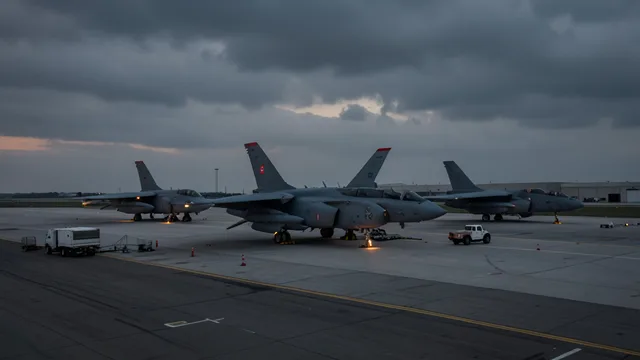 Imagem gerada por IA: Bombardeiros B-1 estacionados em uma pista de base aérea ao entardecer.