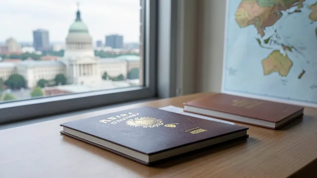 Imagem gerada por IA: Passaportes e documentos de viagem sobre uma mesa, com prédios governamentais ao fundo.