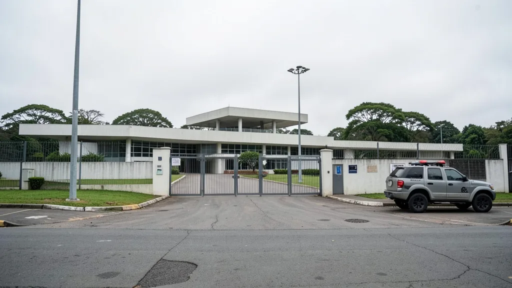Entrada fechada de uma representação diplomática em Brasília, vista do lado de fora do perímetro de segurança.