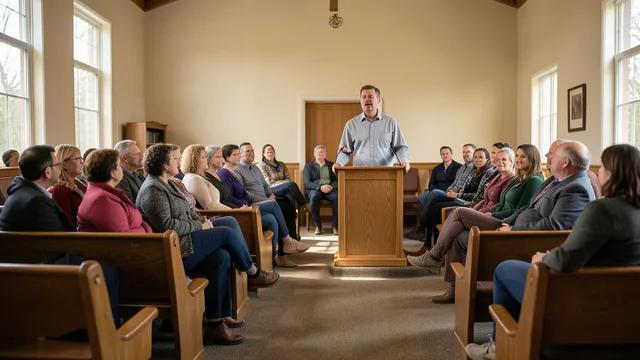 Imagem gerada por IA: Fiéis acompanham um sermão em uma igreja evangélica nos Estados Unidos.