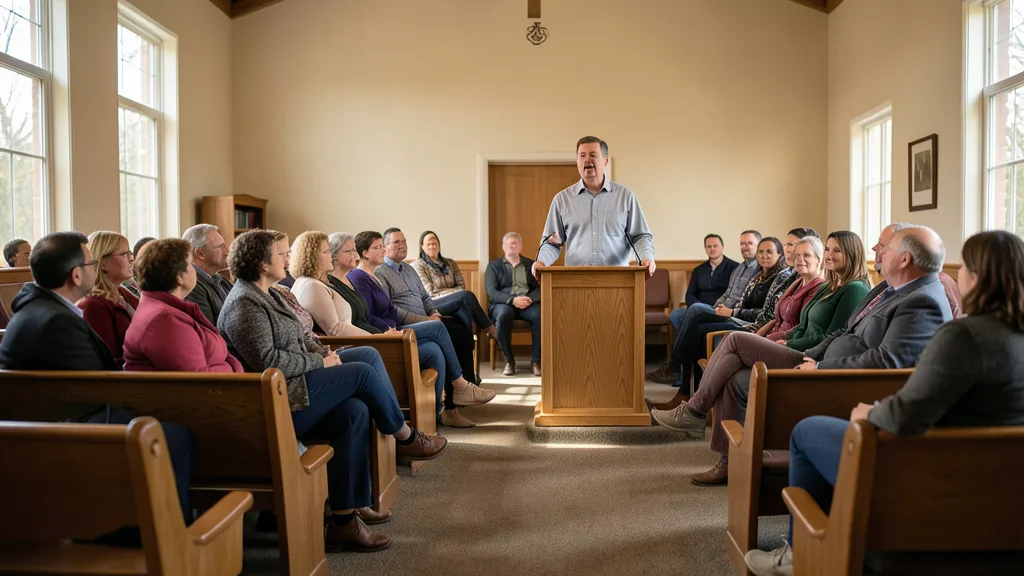 Imagem gerada por IA: Fiéis acompanham um sermão em uma igreja evangélica nos Estados Unidos.