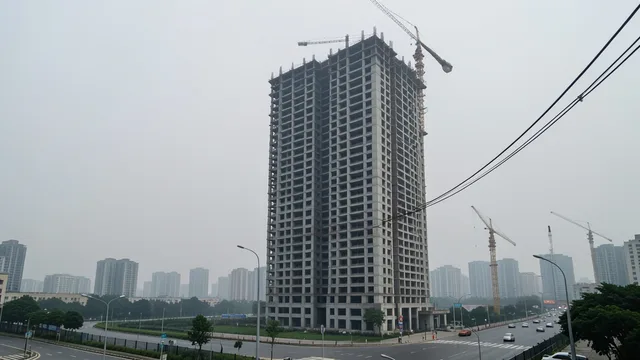 Imagem gerada por IA: Torre residencial inacabada em uma cidade chinesa, com guindastes ao fundo.