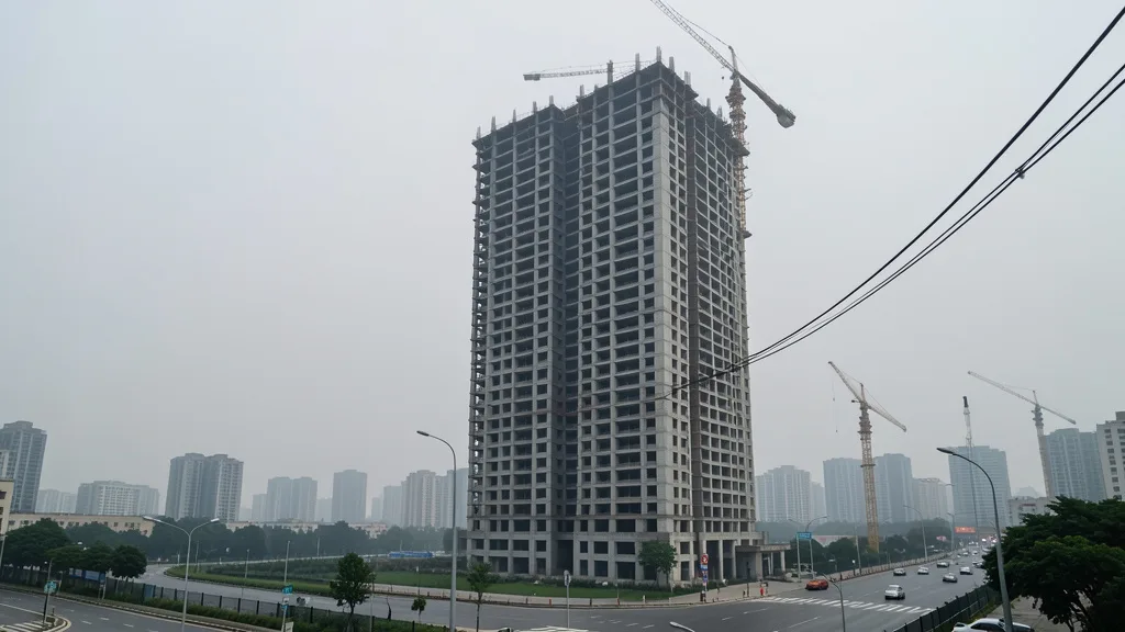 Imagem gerada por IA: Torre residencial inacabada em uma cidade chinesa, com guindastes ao fundo.
