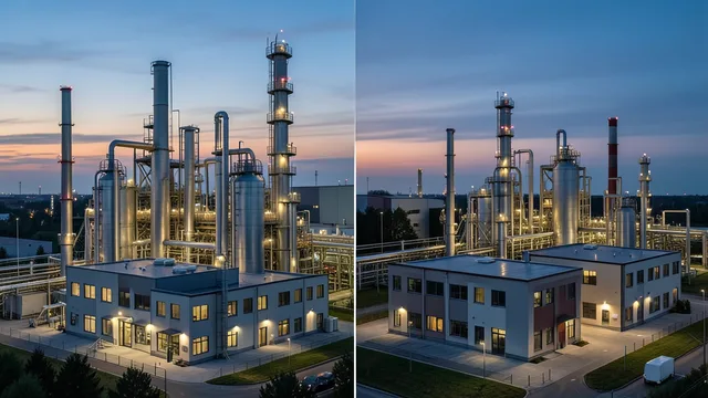 Imagem gerada por IA: Instalações de uma fábrica química alemã iluminadas ao entardecer.