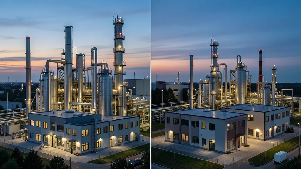 Imagem gerada por IA: Instalações de uma fábrica química alemã iluminadas ao entardecer.