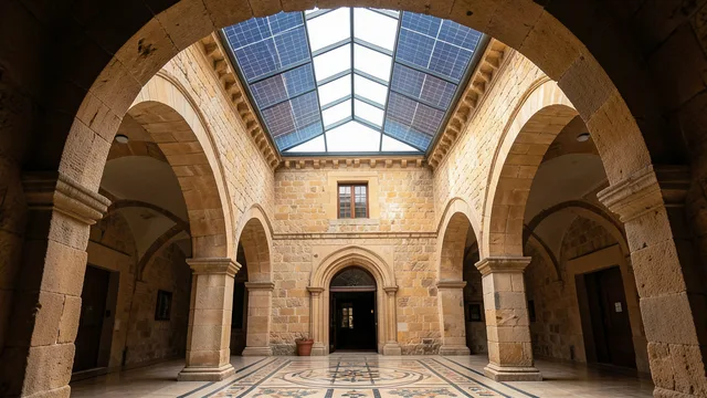 Imagem gerada por IA: Pátio de edifício histórico em Évora sob uma claraboia de vidro fotovoltaico.