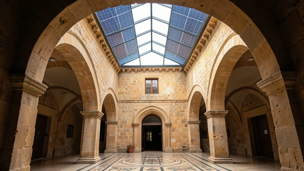 Imagem gerada por IA: Pátio de edifício histórico em Évora sob uma claraboia de vidro fotovoltaico.