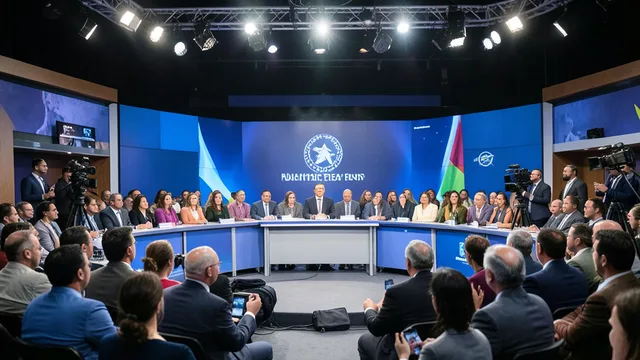 Imagem gerada por IA: Público acompanha um debate presidencial em um estúdio de televisão.