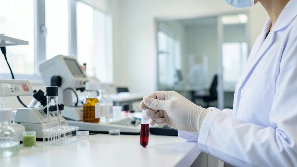 Imagem gerada por IA: Profissional de saúde manuseia uma amostra de sangue em laboratório clínico.