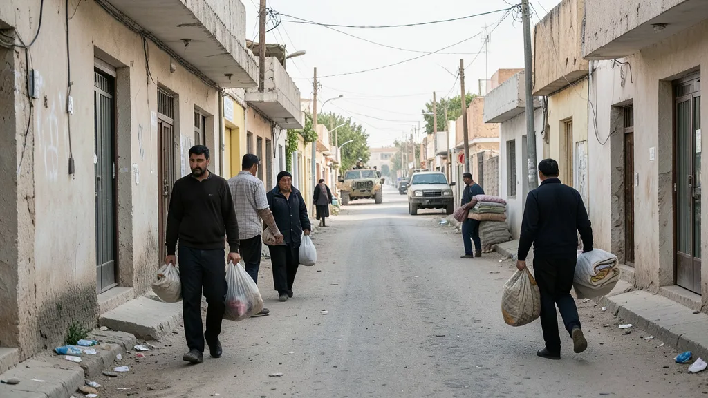 Imagem gerada por IA: Moradores deixam uma rua residencial de Hebron enquanto veículos militares aparecem ao fundo.
