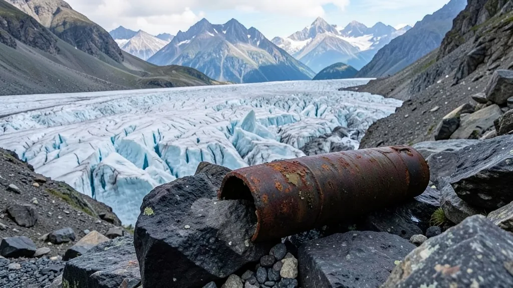 Imagem gerada por IA: Projétil antigo parcialmente exposto entre rochas e gelo nos Alpes italianos.