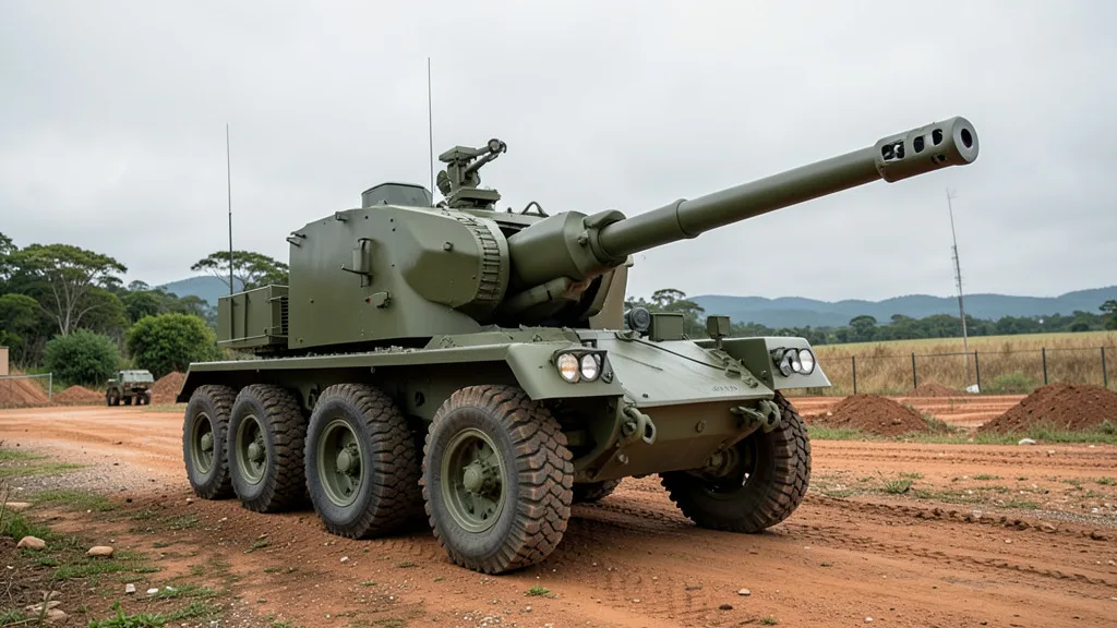 Imagem gerada por IA: Obuseiro autopropulsado sobre rodas estacionado em uma área militar de testes.