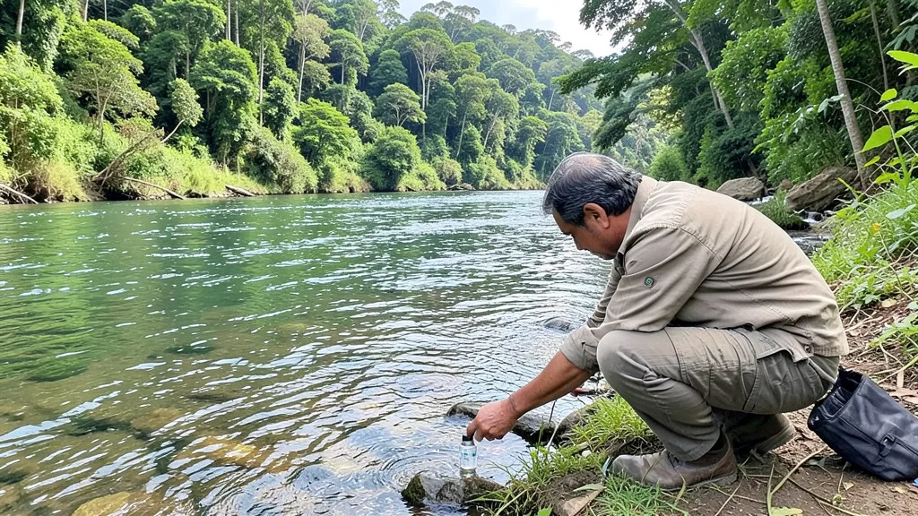 Imagem gerada por IA: Pesquisador coleta uma amostra de água do rio Tietê em meio à vegetação.