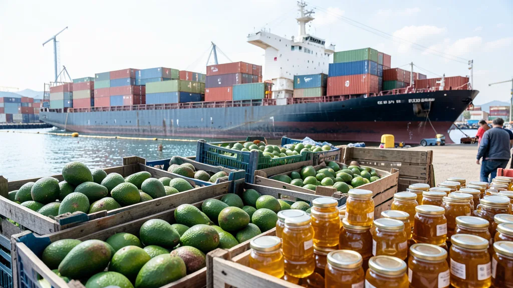 Imagem gerada por IA: Abacates e potes de mel próximos a contêineres em um porto de exportação.