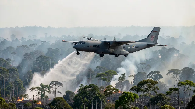Imagem gerada por IA: Avião militar lança água sobre uma área de floresta amazônica tomada por fumaça.