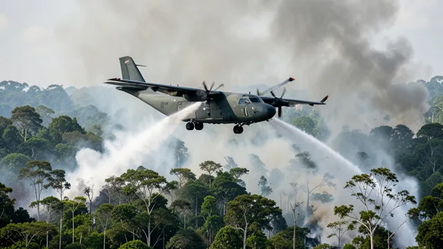 Imagem gerada por IA: Avião de transporte lança água sobre uma área de floresta em chamas na Amazônia.