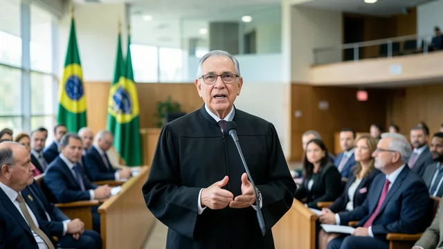 Imagem gerada por IA: Ministro discursa em cerimônia no Supremo Tribunal Federal, com bandeiras do Brasil ao fundo.