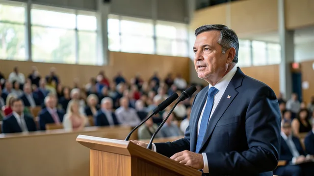 Imagem gerada por IA: Edson Fachin fala em um evento acadêmico em um auditório do Supremo Tribunal Federal.