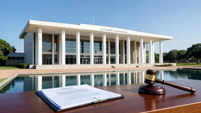 Fachada do Supremo Tribunal Federal em Brasília, com documentos judiciais em primeiro plano.