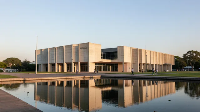 Imagem gerada por IA: Edifício do Supremo Tribunal Federal em Brasília, visto diante do espelho d’água.
