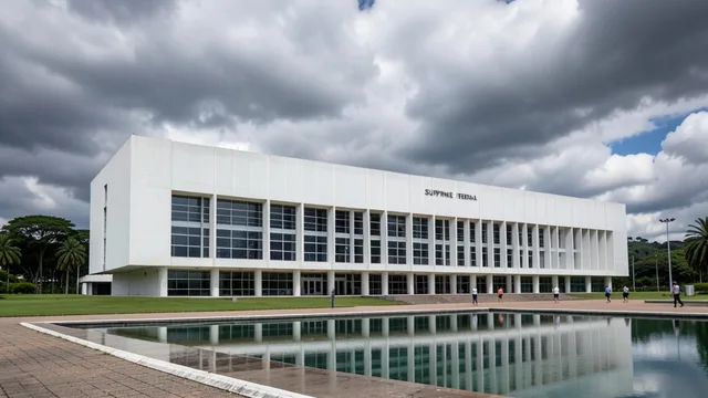 Fachada do Supremo Tribunal Federal, em Brasília, sob céu nublado.