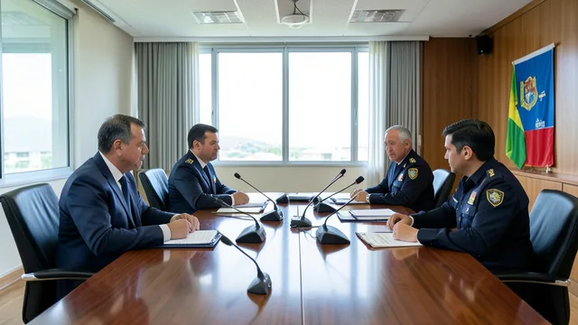 Imagem gerada por IA: Sala de reunião institucional com mesa, pastas e microfones, representando o encontro entre o STF e a Polícia Federal.
