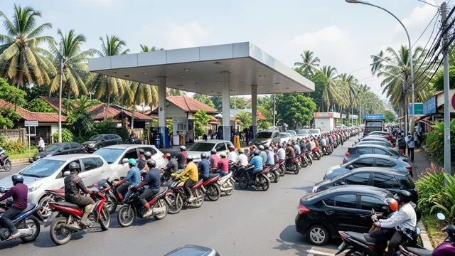 Imagem gerada por IA: Motocicletas e carros formam fila diante de um posto em uma rua de Bali.