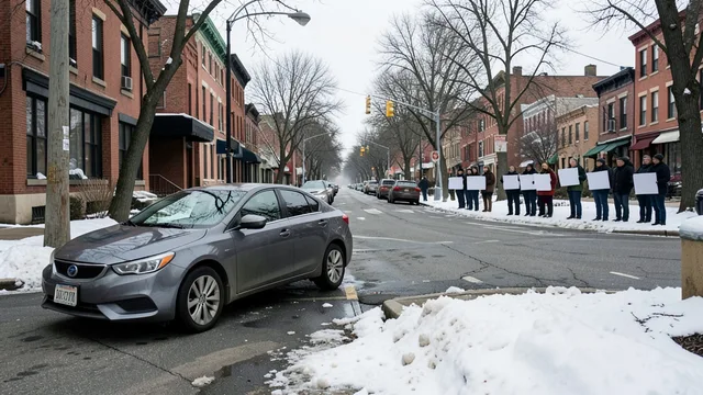 Carro parado em uma rua de Minneapolis no inverno, com manifestantes ao fundo.