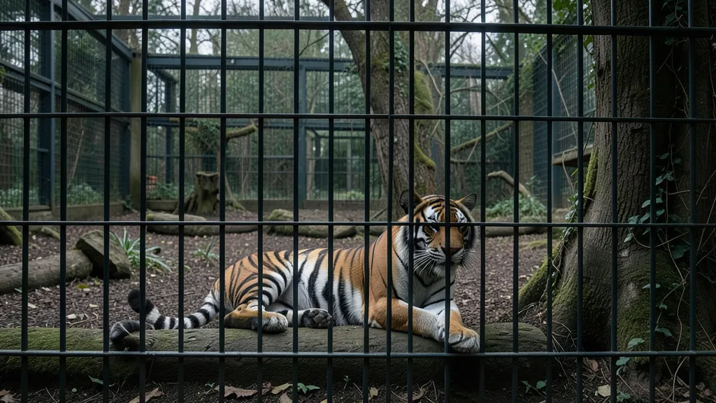 Imagem gerada por IA: Tigre em recinto de parque de vida selvagem, atrás de uma barreira de segurança.
