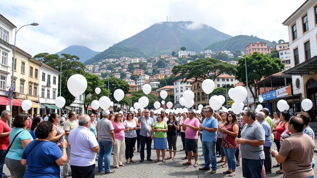 Imagem gerada por IA: Moradores e familiares participam de uma homenagem com balões brancos em uma praça da Penha.