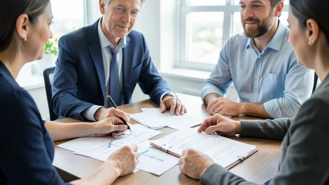 Imagem gerada por IA: Família conversa com uma consultora sobre documentos de planejamento sucessório.